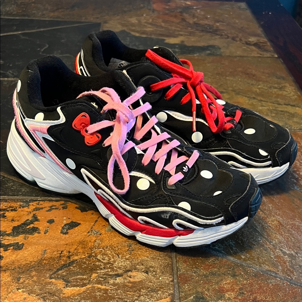 Adidas Black and White Polka Dot Sneakers with Red and Pink Laces